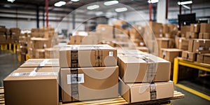 Retail Warehouse full of Shelves with Goods in Cardboard Boxes and Packages. Logistics, Sorting and Distribution