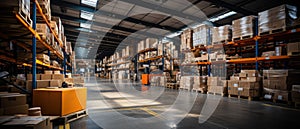 Retail Warehouse full of Shelves with Goods in Cardboard Boxes, Workers Scan and Sort Packages,
