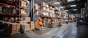Retail Warehouse full of Shelves with Goods in Cardboard Boxes, Workers Scan and Sort Packages,