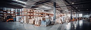 Retail warehouse full of shelves with goods in cartons, with pallets and forklifts. Logistics and transportation background.