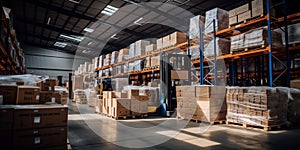 Retail warehouse full of shelves with goods in cartons, with pallets and forklifts. Logistics and transportation blurred