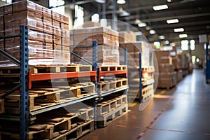 Retail warehouse full of shelves with goods in cartons, with pallets and forklifts. Logistics and transportation blurred