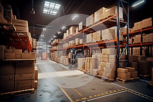 Retail warehouse full of shelves with goods in cartons, with pallets. Generative AI