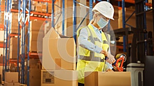 In Retail Warehouse Professional Worker Wearing Facial Mask Packing Parcel, Cardboard Box Sealed w