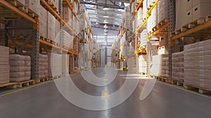 Retail warehouse and row of shelves with goods in card board boxes. Delivery, storage and logistic.