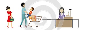 Retail woman cashier with barcode scanner and young couple with purchases. Family shopping in supermarket and paying with card.