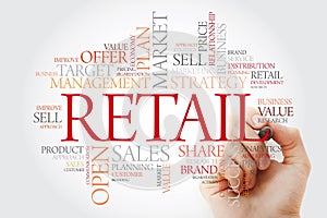 Retail word cloud with marker, business concept background