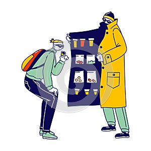 Retailer Gangster Characters in Raincoat and Sunglasses Sell Drugs to Young Male Customer