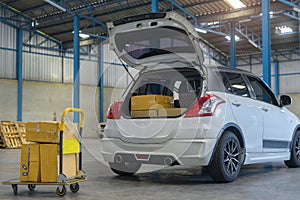 Retailer loading cardboard box into car trunk in warehouse, Package Distribution, Logistics, Delivery concept