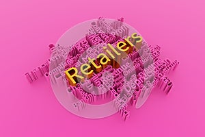 Retailers, finance keyword words cloud. For web page, graphic design, texture or background. 3D rendering.