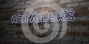 RETAILERS - Glowing Neon Sign on stonework wall - 3D rendered royalty free stock illustration
