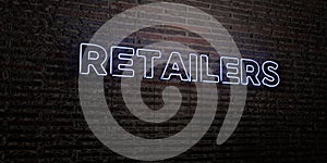 RETAILERS -Realistic Neon Sign on Brick Wall background - 3D rendered royalty free stock image