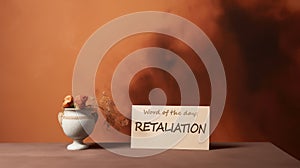 Retaliation and revenge concept. Word retaliation written on a paper card, minimalist terracotta background.