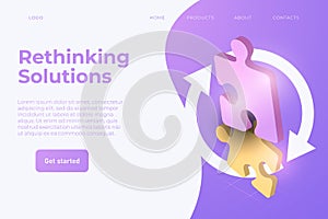 Rethinking solutions webpage template with 3d puzzles and recycle arrows.