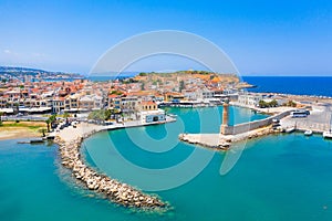 Rethymno city at Crete island in Greece. Aerial view of the old venetian harbor