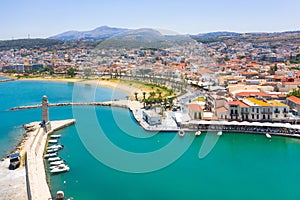 Rethymno city at Crete island in Greece. Aerial view of the old venetian harbor
