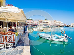 Rethymno, Crete island, Greece, old venetian harbour local restaurants