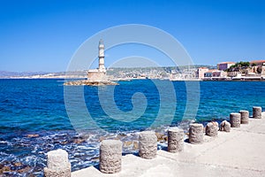 Rethymnon, Crete, Greece - August 15, 2015: The lighthouse in the Venetian port of Rethymnon, the old town.