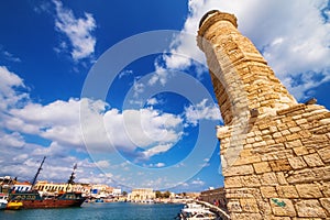 Rethymnon Lighthouse in the Old Venetian Port, Crete island