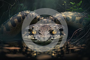 Reticulated python (Python reticulatus) in dark water, Generative AI