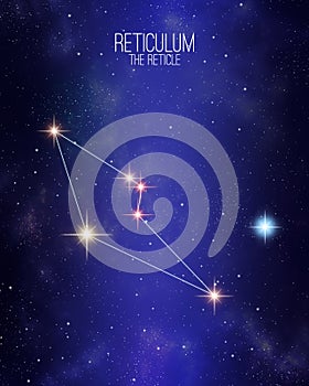 Reticulum the reticle constellation map on a starry space background. Stars relative sizes and color shades based on their photo