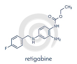 Retigabine ezogabine anticonvulsant drug molecule. Used in treatment of seizures epilepsy. Skeletal formula.