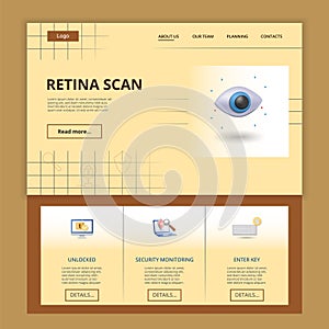 Retina scan flat landing page website template. Unlocked, security monitoring, enter key. Web banner with header