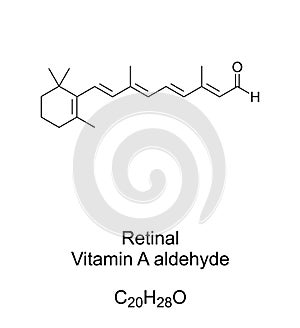 Retinal, Vitamin A aldehyde, chemical formula and skeletal structure
