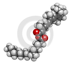 Retinyl palmitate vitamin supplement molecule. Ester of vitamin A retinol and palmitic acid. 3D rendering. Atoms are represented