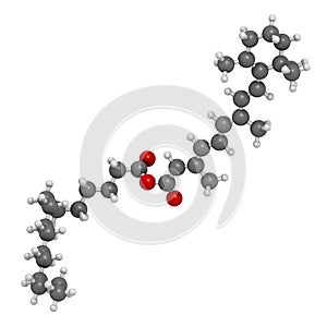 Retinyl palmitate vitamin supplement molecule. Ester of vitamin A retinol and palmitic acid. 3D rendering. Atoms are represented