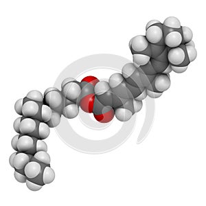 Retinyl palmitate vitamin supplement molecule. Ester of vitamin A retinol and palmitic acid. 3D rendering. Atoms are represented