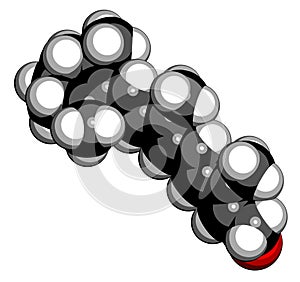 Retinyl palmitate vitamin supplement molecule. Ester of vitamin A retinol and palmitic acid. 3D rendering. Atoms are represented