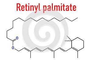 Retinyl palmitate vitamin supplement molecule. Ester of vitamin A or retinol and palmitic acid. Skeletal formula.