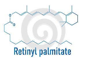 Retinyl palmitate vitamin supplement molecule. Ester of vitamin A or retinol and palmitic acid. Skeletal formula.