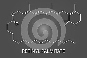 Retinyl palmitate vitamin supplement molecule. Ester of vitamin A, retinol, and palmitic acid. Skeletal formula.