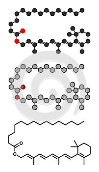 Retinyl palmitate vitamin supplement molecule. Stylized 2D renderings and conventional skeletal formula. Ester of vitamin A (