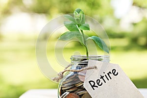 Retire. Glass jar with coins, on a wooden table, on a natural background.