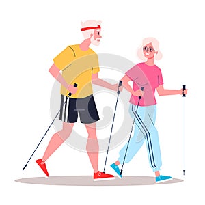 Retired cople having a healthy lifestyle. Nordic walking.