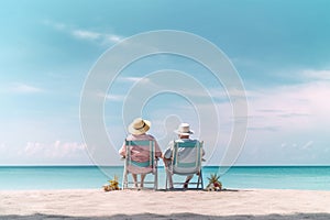 Retired couple enjoying a relaxing beach getaway under a blue sky, generative Ai