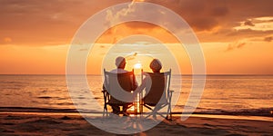 A retired couple enjoying a sunset on a beach, symbolizing peace and relaxation in retirement, concept of Tranquility