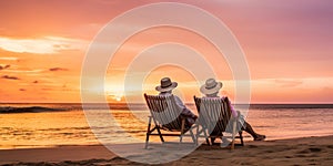 A retired couple enjoying a sunset on a beach, symbolizing peace and relaxation in retirement, concept of Tranquility