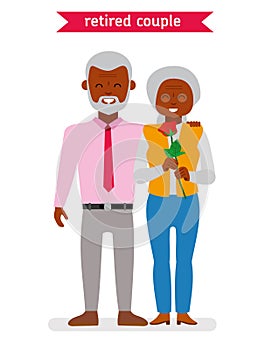 Retired couple. Flat vector cartoon character design. African American family.