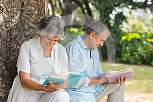 Retired couple reading books together sitting on tree trunk