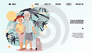 Retired couple on vacation, vector illustration. Website travel company for couples, retirement leisure together