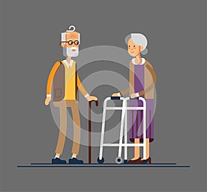 Retired elderly senior age couple in creative flat vector character design Grandpa and grandma standing full length