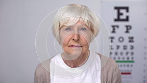 Retired female focusing vision during examination, ophthalmological check-up