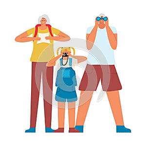 Retired grandparents with granddaughter traveling. Elderly tourists. A man with binoculars, a woman with a map. Family on vacation
