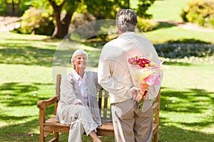 Retired man offering flowers to his wife