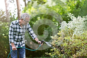 Retired man watering plants in the garden