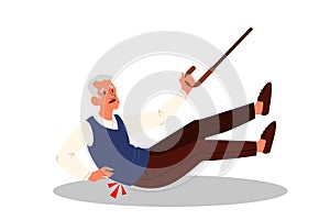 Retired men falling down. Elderly person with cane on the floor.